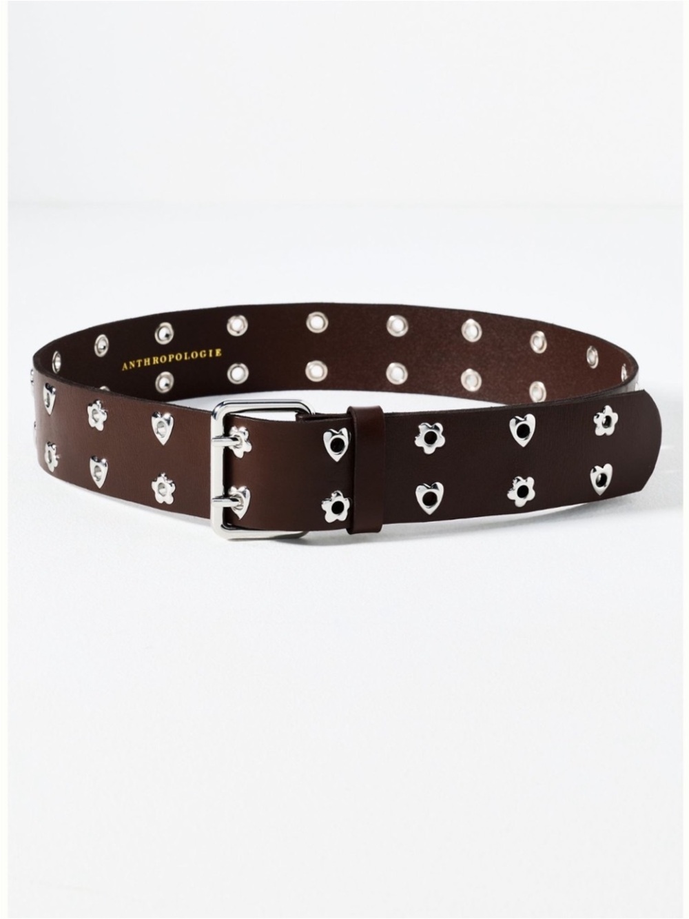 Anthropologie Dark Brown Leather Belt with Silver Heart & Flower Studs NWT